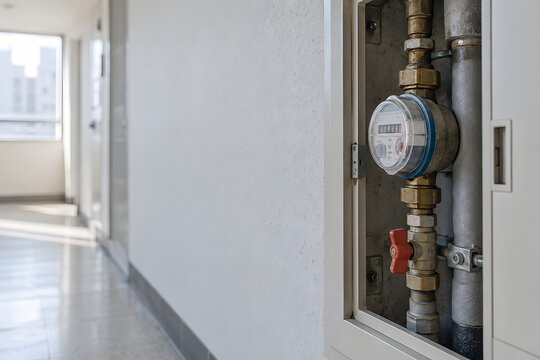 Water meter and red shutoff valve mounted on an apartment corridor wall
