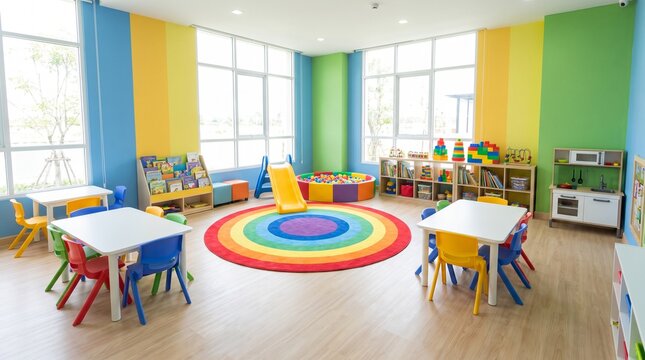 Colorful kindergarten classroom interior with toys and play area