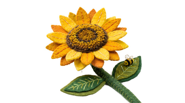 Bright yellow sunflower with green stem and leaves standing upright