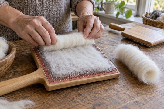 Hands rolling carded wool into a rolag on a hand carder