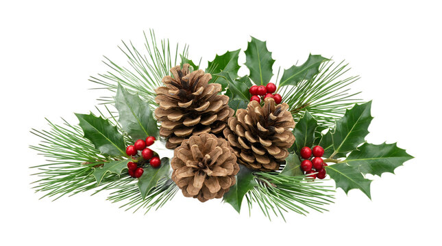 Fresh green pine cone and holly branch with red berries in festive holiday arrangement