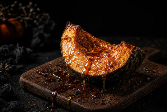Roasted pumpkin wedge with caramel drizzle on dark wooden board, Halloween food photography
