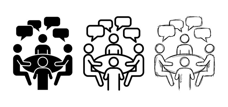 Group meeting concept with people sitting around a conference table business team discussion speech bubble
