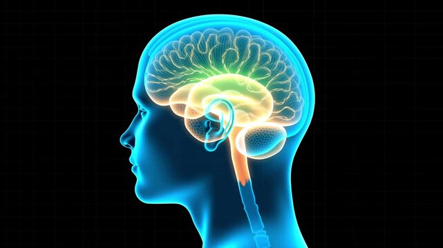 An abstract 3D illustration shows a glowing human brain inside a translucent head silhouette against a technical grid.