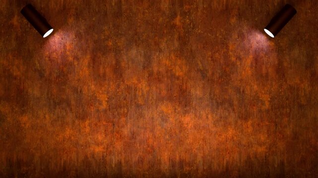 4K looped animation of rusty textured metal surface with two spotlights from top corners, minimalistic video element for stage, advertising, digital projects. Spotlight on rusty textured metal