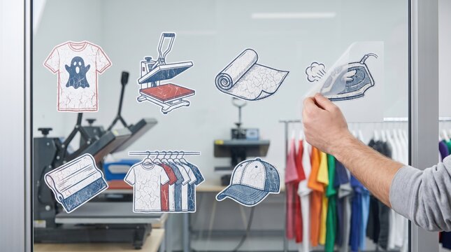 Halloween t-shirt custom apparel doodles drawn on mirror, hand peeling transfer with heat press, ghost shirt, fabric roll, iron and baseball cap icons, clothing printing overlay, autumn mood