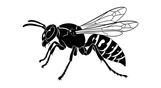 Black and white wasp vector illustration with detailed wings isolated on a white background.
