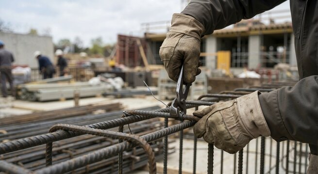 Close up of gloved hands tying reinforcing steel bars. Building work and skilled trade
