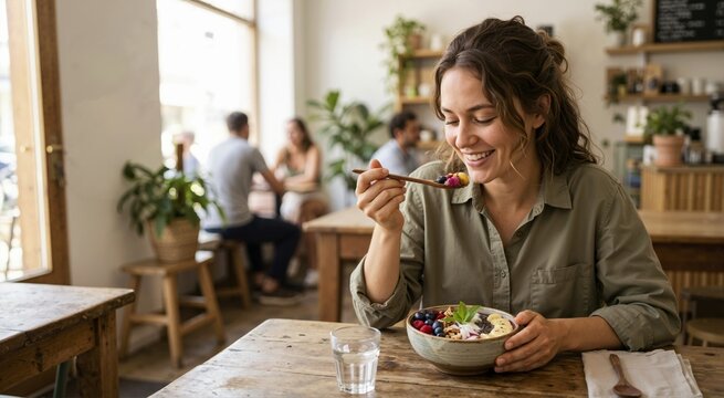 Person eating a smoothie bowl with a spoon. Food serving and meal presentation