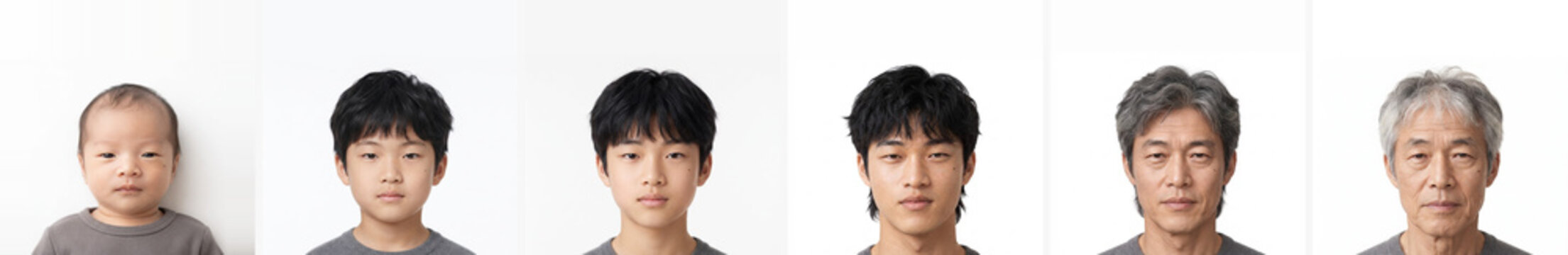 Aging process of an Asian male shown from infancy to old age in clean studio headshots on white background, perfect for healthcare, genealogy, and human lifecycle projects