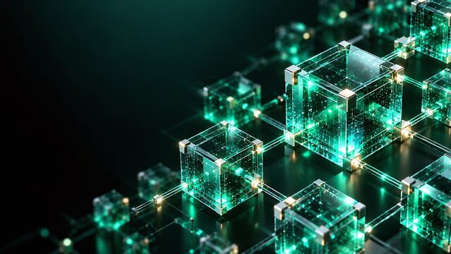 Futuristic blockchain technology concept featuring glowing green digital cubes and interconnected data networks in a dark cyberspace