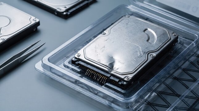 Hard disk drives stored in protective plastic cases with repair tools. Essential computer hardware infrastructure for data center equipment setup, server maintenance, and digital storage.