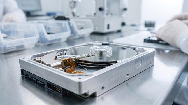 Hard disk drive component being assembled and repaired in a cleanroom laboratory. Essential infrastructure maintenance and data storage hardware manufacturing for modern enterprise server.