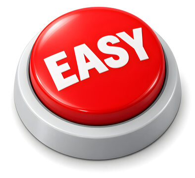 Bright red push button featuring bold white easy text displayed against isolated white background