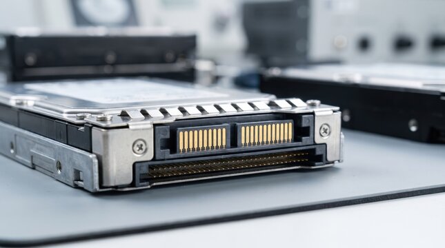 Hard disk drive connectors and internal storage components in a laboratory. Essential infrastructure hardware for modern data center equipment, server maintenance, and technology enterprise.