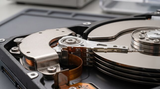 Open hard disk drive interior showing magnetic platters and read write head. Essential server hardware and data center infrastructure components for digital storage technology, maintenance, and.
