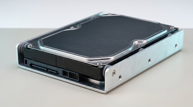 Computer hard drive mounted in a metal enclosure on a table. Essential server hardware and data storage infrastructure for enterprise data centers and IT equipment organization.