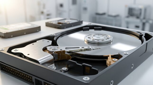 Open hard disk drive showing internal magnetic platters and components. Essential infrastructure hardware for data center setup, information storage, and server maintenance.
