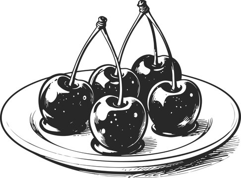 Five ripe cherries with stems on a round plate, detailed black and white sketch illustration
