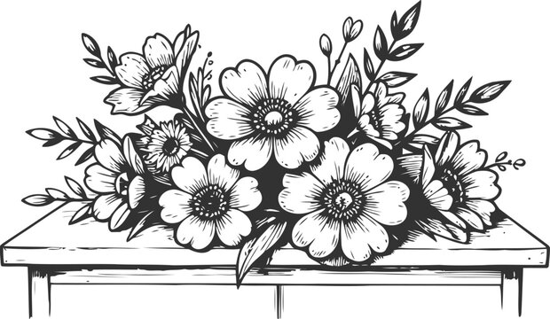 hand drawn floral bouquet on wooden table vintage flowers, leaves, nature decoration design