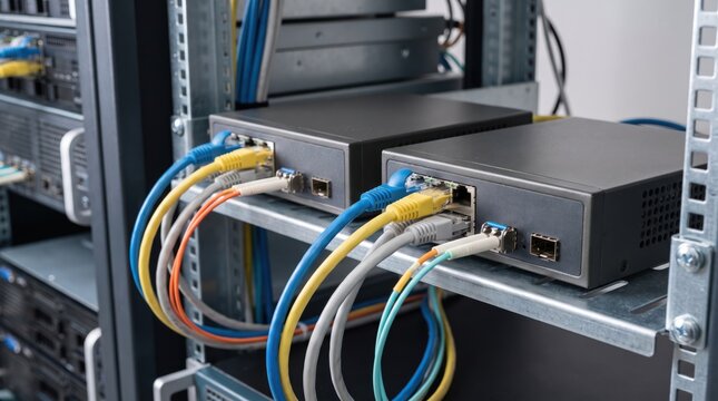 Network switches and patch cables installed inside a server rack. Modern infrastructure setup and maintenance for data centers and enterprise telecommunication systems.