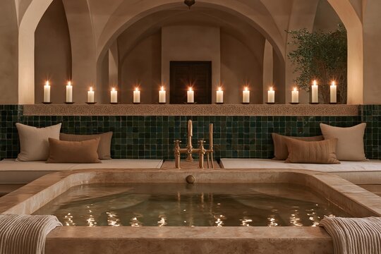 Candlelit stone soaking pool in a vaulted Moroccan spa