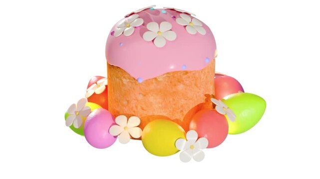 Traditional Easter 3d render cake kulich sweet bread with frosting, decorated Easter eggs, and spring blossoms in cute 3D cartoon style isolated loop