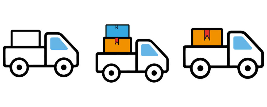 Three flat vector pickup truck icons featuring shipping boxes for delivery and logistics.