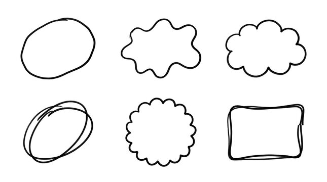 Collection of hand drawn sketchy outline frames and organic blob shapes for creative design projects, doodle borders, and artistic layouts