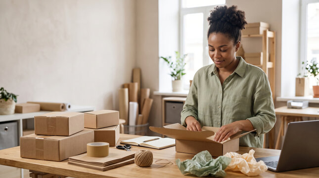 African American woman packing parcels for Cyber Monday orders