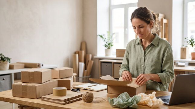 Woman packing online shop orders in a home studio for Black Friday