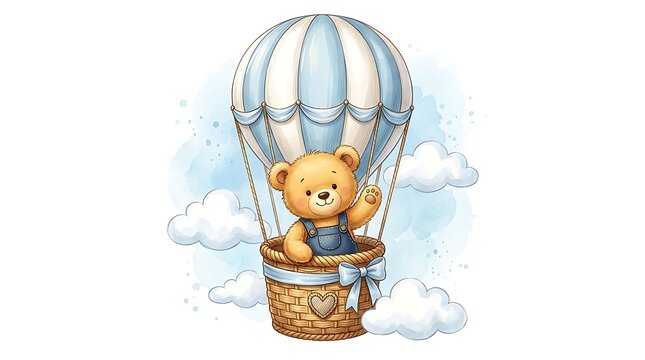Teddy bear waving from inside a striped hot air balloon basket.
