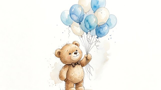 Cute teddy bear holding a bunch of light blue and white balloons.