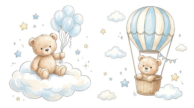 Teddy bear flying in a basket alongside friends in the sky.