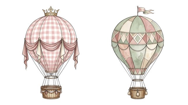 Royal hot air balloons decorated with crown and flags.