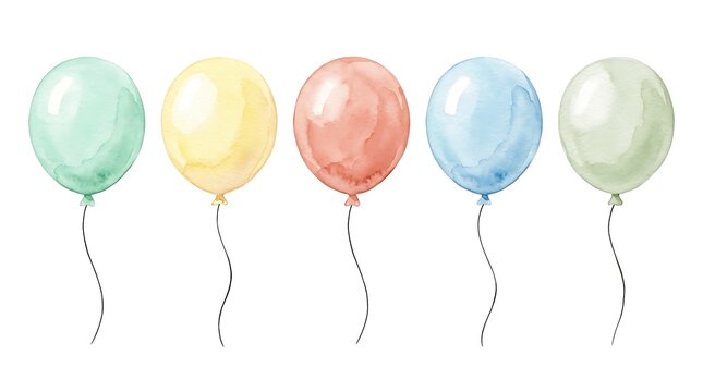 Balloons display colorful pastel shades in a row arrangement.