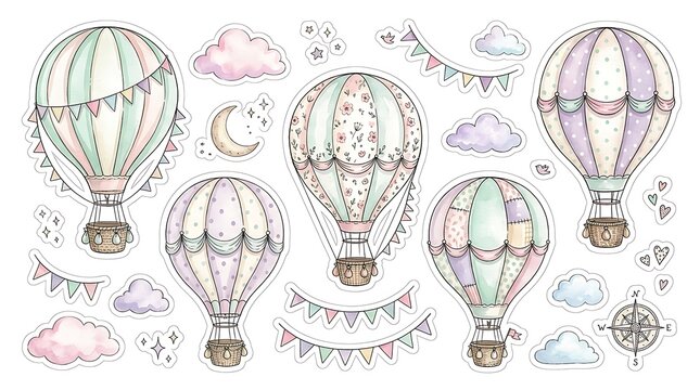 Hot air balloons decorated in pastel patterns drift through skies.