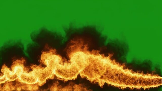 Blazing fire flame with thick black smoke on a bright green screen background for video compositing and special effects