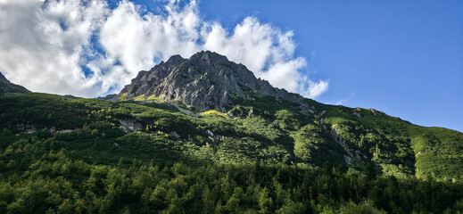 Rocky peaks of Slovak Tatras above mountain pine slopes on way to Zielony Staw Kiezmarski © Liubou