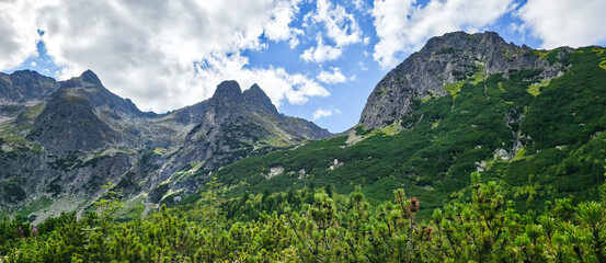 Rocky peaks of Slovak Tatras above mountain pine slopes on way to Zielony Staw Kiezmarski © Liubou