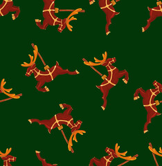 Christmas Reindeer Carousel Ornament Seamless Pattern, Watercolor Vintage Red Stag Toy Illustration, Holiday Festive Deer Pattern Backdrop – Repeating seamless pattern of classic red carousel reindeer © Sviatlana Barysevich