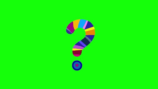 Animated question mark patchwork on green screen background. Sign logo asking with stripes pattern color doodle cute simple hand drawn cartoon animation on backdrop brainstorm video greenbox isolated.