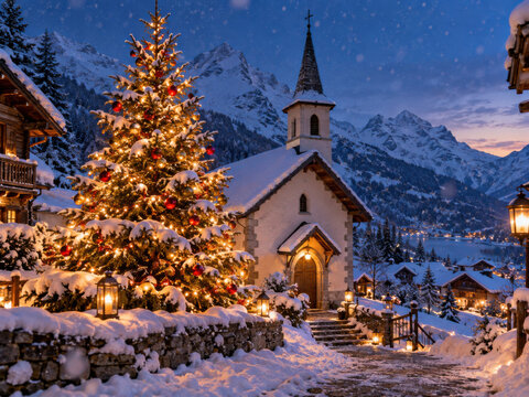 Weihnachtsbaum an einer verschneiten Bergkirche &ndash; Warm beleuchteter Christbaum neben kleiner Kirche, Laternen und Alpenpanorama &uuml;ber einem winterlichen Dorf am See.