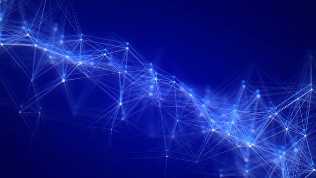 Blue polygonal data network wave with glowing connected points, abstract technology background for artificial intelligence, cloud computing, digital communication and data analytics.