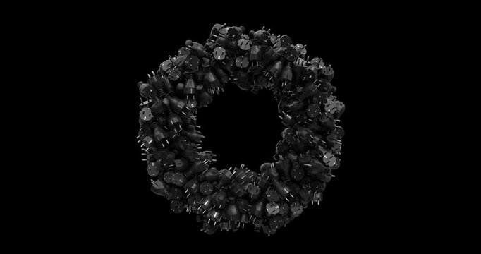 Black 3D electric power plugs form a circular ring in a seamless loop animation. 4K resolution with alpha channel.