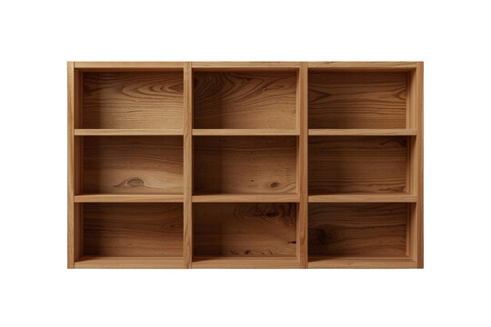 Decorative wooden nine compartment display shelf isolated cutout