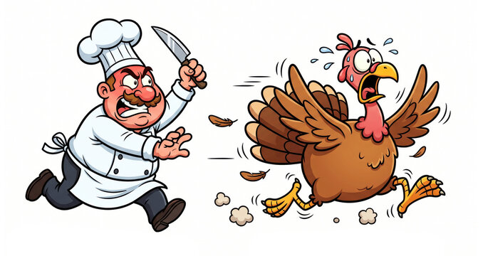 Funny cartoon turkey running away from chef with carving knife on white