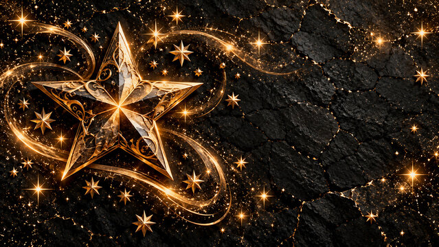 Luxurious golden stars and sparkling celestial ornaments glowing against a rough black stone textured background, surrounded by elegant golden swirls and magical shimmering lights, with dark copy spac