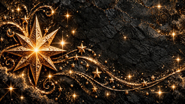 Luxurious golden stars and sparkling celestial ornaments glowing against a rough black stone textured background, surrounded by elegant golden swirls and magical shimmering lights, with dark copy spac
