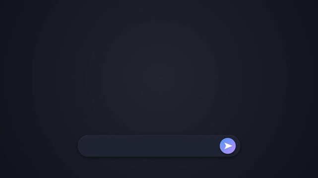 Dark mode AI chatbot conversation with send button typing dots and reply bubble, assistant animation
